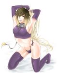  albel_nox androgynous blonde_hair brown_hair bulge full_body gloves long_hair male_focus midriff multicolored_hair navel otoko_no_ko purple_legwear red_eyes saho_(sahosapo) solo star_ocean star_ocean_till_the_end_of_time thighhighs 