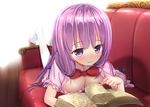  blush book bow breasts cleavage couch downblouse dress large_breasts long_hair meme_attire no_hat no_headwear open-chest_sweater ouka_(ra-raradan) patchouli_knowledge purple_eyes purple_hair shoe_dangle smile socks solo sweater touhou 