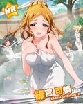  aqua_eyes blonde_hair blush breasts brown_hair character_name emily_stewart futami_ami idolmaster idolmaster_(classic) idolmaster_million_live! large_breasts long_hair looking_at_viewer multiple_girls naked_towel official_art shinomiya_karen side_ponytail towel wet white_towel yokoyama_nao 