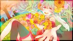  blush flowers green_hair hatsune_miku headphones long_hair pekikokko red_eyes skirt teddy_bear thighhighs tree twintails vocaloid wings 