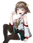  bandages bandaid boots brown_hair closed_eyes detached_sleeves hairband hiei_(kantai_collection) highres japanese_clothes kantai_collection kuro_chairo_no_neko looking_at_viewer nontraditional_miko pantyhose smile solo thigh_boots thighhighs white_background 