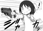  1girl beretta_nano blush greyscale gun handgun holding holding_gun holding_weapon minipat_(sketch_wall) monochrome motion_lines nichijou object_namesake pistol school_uniform serafuku shinonome_nano solo spoken_exclamation_mark tokisadame_school_uniform trigger_discipline weapon white_background 