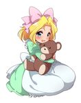  blonde_hair blue_eyes blush bow doll_hug dress hair_bow hair_ribbon hug iris_chateaubriand jean-paul juliet_sleeves kanya_pyi long_sleeves open_mouth pink_bow puffy_sleeves ribbon sakura_taisen simple_background solo stuffed_animal stuffed_toy teddy_bear white_background 