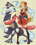  alternate_color black_legwear blonde_hair blue_eyes bracelet clog_sandals cyaneko flower full_body gen_6_pokemon greninja hair_flower hair_ornament hand_on_hip japanese_clothes jewelry long_hair looking_at_viewer ninja obi open_mouth pokemon pokemon_(creature) pokemon_(game) pokemon_xy ponytail sash scarf serena_(pokemon) shuriken sleeveless smile thighhighs weapon 