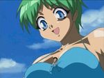  1boy 1girl animated animated_gif between_breasts bikini blue_bikini blue_eyes falling giantess green_hair kakio_hazuki mouse_(anime) swimsuit 