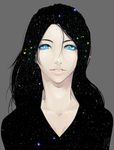  abstract blue_eyes collarbone grey_background hair_between_eyes lips long_hair original poaro signature simple_background solo space star_(sky) starry_sky_print v-neck 