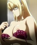  1girl blonde_hair blue_eyes bra breasts freezing_(series) glasses large_breasts long_hair nipples red_bra satellizer_el_bridget solo underwear 