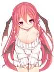  bare_shoulders bat_wings blush breasts cleavage collarbone head_wings koakuma kuresento large_breasts leaning_forward long_hair long_sleeves looking_at_viewer naked_sweater off-shoulder_sweater pink_eyes red_eyes red_hair ribbed_sweater simple_background smile solo sweater touhou v_arms very_long_hair white_background wings 