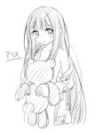  blush character_name greyscale kami-sama_no_memo-chou long_hair looking_at_viewer monochrome peko shionji_yuuko simple_background sketch solo stuffed_animal stuffed_toy teddy_bear very_long_hair white_background 