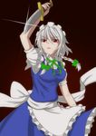  apron arm_up bow braid breasts glint gradient gradient_background hair_bow hima38 izayoi_sakuya knife maid_headdress medium_breasts parted_lips red_background red_eyes ribbon short_hair short_sleeves silver_hair simple_background skirt skirt_set solo touhou twin_braids waist_apron 