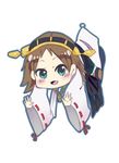  bare_shoulders blue_eyes blush brown_hair chibi detached_sleeves double_bun furataso hair_ornament hairband hanging headgear hiei_(kantai_collection) japanese_clothes kantai_collection looking_at_viewer skirt solo white_background wide_sleeves 