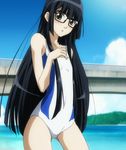  1girl asobi_ni_iku_yo! beach black_hair flat_chest futaba_aoi_(asobi_ni_iku_yo!) glasses highres long_hair one-piece_swimsuit solo swimsuit very_long_hair 