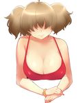  ahoge bracelet breasts cleavage dress hair_over_eyes jewelry large_breasts nail_polish naso4 no_bra pearl red_dress short_twintails smile solo spaghetti_strap twintails upper_body 