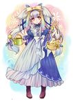  basket blue_hair blush boots bow child dress flower frilled_dress frills hair_bow hair_ribbon holding kirishima_lei long_hair original red_eyes ribbon senkyoushi_gondolf solo standing twintails veil very_long_hair watering_can 