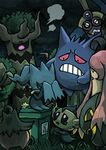  bad_pixiv_id banette black_background covering_face crying gen_1_pokemon gen_3_pokemon gen_6_pokemon gengar gorilla_(hero_up) gourgeist grin honedge long_hair no_humans phantump pokemon pokemon_(creature) pumpkaboo red_sclera simple_background smile spikes sword teeth trevenant weapon 