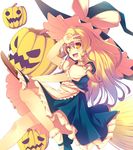  blonde_hair braid broom fang hair_ribbon halloween hat highres jack-o'-lantern kirisame_marisa kurono_nekomaru long_hair looking_at_viewer open_mouth pumpkin ribbon solo touhou v witch_hat yellow_eyes 