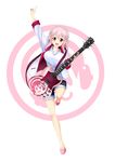  blush breasts cleavage denim denim_shorts guitar headphones highres instrument jacket large_breasts long_hair looking_at_viewer nitroplus open_mouth penq pink_hair plectrum red_eyes shirt shoes shorts smile solo standing standing_on_one_leg super_sonico t-shirt 