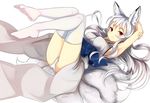  1girl animal_ears fox_ears fox_tail japanese_clothes miko nosuku original red_eyes resized rotated solo tail white_hair 