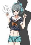 admiral_(kantai_collection) bad_id bad_pixiv_id bangs blue_hair blunt_bangs bow bowtie breast_squeeze breasts crop_top hair_bow highres hug hug_from_behind kantai_collection kotohane midriff navel no_legwear pleated_skirt ponytail school_uniform serafuku short_sleeves silhouette skirt small_breasts solo translated white_background yellow_eyes yuubari_(kantai_collection) 