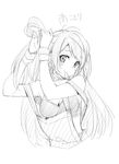  adjusting_hair blush breasts character_name greyscale long_hair looking_at_viewer love_live! love_live!_school_idol_project medium_breasts minami_kotori monochrome mouth_hold natsuiro_egao_de_1_2_jump! peko simple_background sketch smile solo tying_hair white_background 