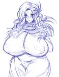  1girl areolae breast_suppress breasts breasts_outside female hair_ornament huge_breasts inverted_nipples large_areolae long_hair long_skirt masa_ani monochrome nipples puffy_nipples romancing_saga roshiman saga simple_background skirt solo standing white_background wide_hips 