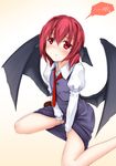  :&lt; alternate_hair_length alternate_hairstyle bat_wings between_legs blush dress_shirt hand_between_legs head_wings juliet_sleeves koakuma long_sleeves low_wings mari-itachidosi necktie puffy_sleeves red_eyes red_hair red_neckwear shirt short_hair skirt skirt_set solo spoken_blush touhou vest white_shirt wings 