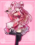  ;p absurdres alternate_costume animal_ears apron arm_warmers bad_id bad_pixiv_id black_legwear breasts bunny_ears cake cleavage cup dish food headband high_heels highres ice_cream large_breasts leg_up long_hair motokonut one_eye_closed pink_background purple_eyes purple_hair red_skirt reisen_udongein_inaba skirt smile sundae thighhighs tongue tongue_out touhou tray wafer_stick waitress 