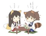  akagi_(kantai_collection) animal_ears bad_id bad_pixiv_id chibi cup_ramen eating fox_ears fox_tail japanese_clothes kaga_(kantai_collection) kantai_collection kemonomimi_mode kuuga_(cf) long_hair multiple_girls ponytail raccoon_ears raccoon_tail tail 