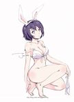  1girl animal_ears black_hair bottomless bra breasts bunny_ears female hair_ornament jon_tw legs medium_breasts original panties panties_removed short_hair simple_background solo squatting underwear white_background white_bra white_panties 