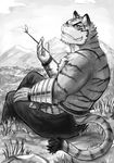  armor as40728 back biceps body_markings chest_tuft clothing cloud fangs feline fur grin looking_at_viewer male mammal markings monochrome mountain muscles outside pants paws pecs pose sitting sky smile solo stripes teeth tiger topless tuft 