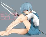  ayanami_rei barefoot blue_hair grey_background kogai_aki lance_of_longinus leg_hug looking_at_viewer neon_genesis_evangelion red_eyes school_uniform short_hair sitting solo 