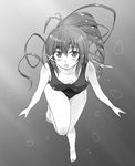  greyscale highres i-168_(kantai_collection) kantai_collection long_hair monochrome one-piece_swimsuit ponytail school_swimsuit swimsuit underwater yuuki_kazuhito 