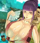  1boy 1girl breasts fan ganbare_goemon highres huge_breasts mixed_bathing mugen_no_ossan onsen outdoors paychflat purple_eyes purple_hair wet 