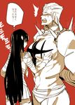  1girl arms_behind_back bad_id bad_pixiv_id black_hair blush breast_squeeze breasts earrings gamagoori_ira hair_ornament jewelry kill_la_kill kiryuuin_satsuki large_breasts long_hair muscle open_mouth pectorals red_background roco617 role_reversal sideways_mouth simple_background spikes surprised sweatdrop thighhighs thought_bubble translated uniform very_long_hair zettai_ryouiki 