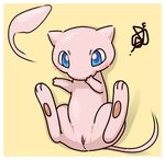  &#12467;&#12540;&#12522; 3_toes ??? barefoot blue_eyes blush blysh cub cute female feral legendary_pok&#233;mon legendary_pokemon looking_at_viewer lying mew nintendo nude on_back pawpads paws pink_body pink_skin plain_background pok&#233;mon pok&eacute;mon presenting presenting_pussy pussy raised_arm shadow shiny solo spread_legs spreading video_games white_eyes yellow_background young 