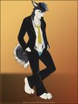  anthro balls barefoot blue_hair canine dog hair husky kappy looking_at_viewer male mammal necktie penis penis_tip plain_background sheath solo standing tuxedo underwear 