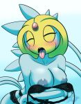  2019 big_breasts blush bra breasts clothed clothing digital_media_(artwork) eyes_closed female humanoid latiar legendary_pok&eacute;mon lingerie multi_tail nintendo nipples not_furry open_mouth panties partially_clothed pok&eacute;mon pok&eacute;mon_(species) pok&eacute;morph seductive simple_background solo teeth tongue tongue_out underwear undressing uxie video_games 