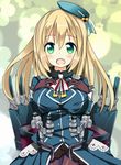  :d atago_(kantai_collection) bad_id bad_pixiv_id black_gloves black_legwear blonde_hair blush breasts cannon gloves green_eyes hat kantai_collection large_breasts long_hair military military_jacket military_uniform open_mouth pantyhose smile solo tantan_men_(dragon) turret uniform 