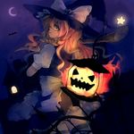  animal apron asuna_(i_luv) bad_id bad_pixiv_id bat black_legwear blonde_hair bloomers braid crescent_moon dress fence frilled_skirt frills halloween hat hat_ribbon house jack-o'-lantern kirisame_marisa lamp light lightning long_hair looking_at_viewer looking_back moon night night_sky profile puffy_sleeves pumpkin ribbon shirt short_sleeves side_braid single_braid skirt skirt_set sky smile solo star star_(sky) thighhighs touhou underwear vest white_shirt witch_hat yellow_eyes zettai_ryouiki 