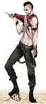  armlet bandages beard black_hair blood blood_on_face brown_eyes facial_hair far_cry_3 highres male_focus midriff mohawk navel pants scar simple_background sky360 solo standing suspenders suspenders_slip toned toned_male vaas_montenegro white_background 