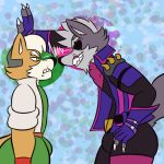  2019 anthro bulge canine clothing digital_media_(artwork) duo eyewear fox_mccloud male male/male mammal nintendo simple_background smile star_fox video_games wolf_o&#039;donnell zackdadawg 