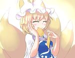  aburaage blonde_hair blush_stickers dress eating food food_in_mouth fox_tail gradient gradient_background hand_on_own_cheek hat long_sleeves multiple_tails nama_shirasu pillow_hat short_hair simple_background smile solo tabard tail tassel touhou wide_sleeves yakumo_ran 