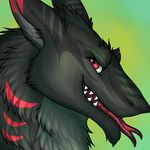  darius-hunter dariushunter duran-hunter ferality fluffy forked_tongue fur grey_fur icon looking_at_viewer male portrait red_eyes red_stripes red_tongue sergal solo teeth tongue 