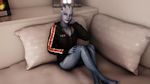  3d alien asari blue_eyes blue_skin bottomless clothing female freckles grey_skin hoodie liara_t&#039;soni liara_t'soni looking_at_viewer mass_effect pillow sitting solo unknown_artist 