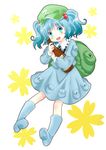  backpack bag blue_eyes blue_hair blush boots bottle full_body hair_bobbles hair_ornament hat highres kawashiro_nitori komiru open_mouth pocket rubber_boots short_hair short_sleeves short_twintails simple_background skirt skirt_set smile solo touhou twintails two_side_up 