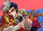  bad_id bad_pixiv_id blue_eyes blue_hair blue_lipstick bug butterfly chain dixie_cup_hat flag goggles gomix hat insect jewelry jojo_no_kimyou_na_bouken jonathan_joestar ladybug lipstick makeup male_focus military_hat peace_symbol phantom_blood red_stone_of_aja solo star star_print union_jack 