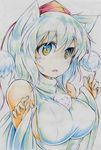  absurdres animal_ears bare_shoulders breasts colored_pencil_(medium) detached_sleeves fang grey_eyes hat hat_ribbon highres inubashiri_momiji kitazinger large_breasts long_sleeves open_mouth ribbon shirt sideboob silver_hair solo tokin_hat touhou traditional_media upper_body wide_sleeves wolf_ears 