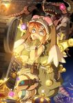  1girl alteil boots coin crown dragon glowing glowing_eyes goggles goggles_on_head gold hat holster kneeling knife midriff mummy navel orange_hair original pairan purple_eyes red_hair saliva sheath short_hair solo striped striped_legwear thigh_holster translation_request treasure treasure_chest 