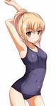  armpits arms_up blonde_hair blush breasts covered_navel cowboy_shot eyebrows_visible_through_hair highres ki_(kk-sk-ray) one-piece_swimsuit original ponytail school_swimsuit short_hair simple_background small_breasts solo stretch swimsuit white_background 