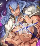  azrael_(blazblue) blazblue blue_hair choker collarbone evil_smile fingernails hair_between_eyes happy_birthday long_hair looking_at_viewer male_focus outstretched_arm parted_lips smile solo teeth very_long_hair wristband 